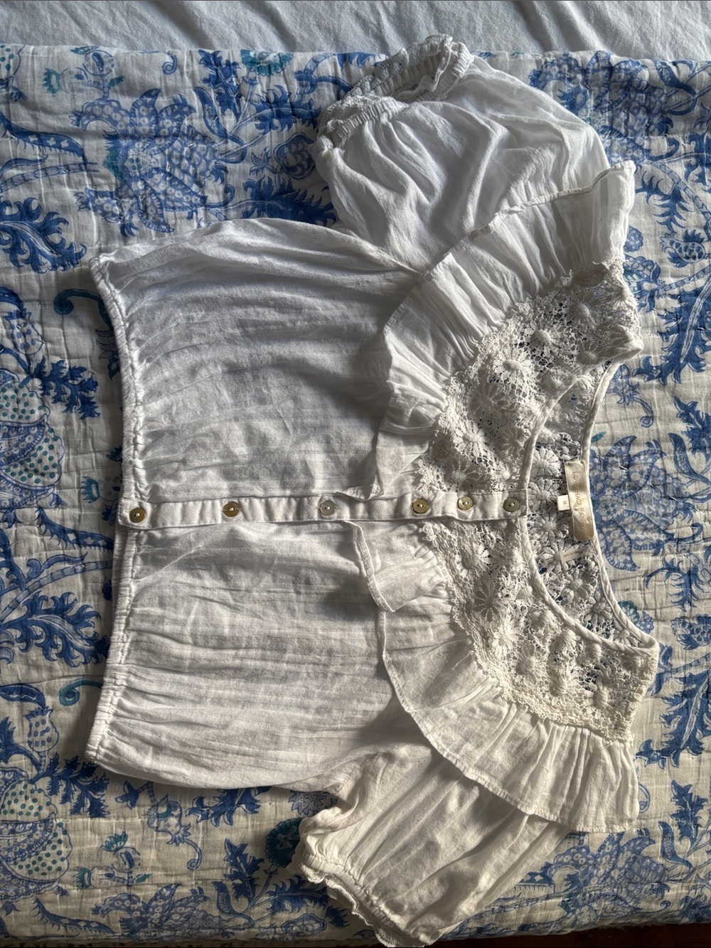 LoveShackFancy White Crochet Yoke Button-Down Blouse
